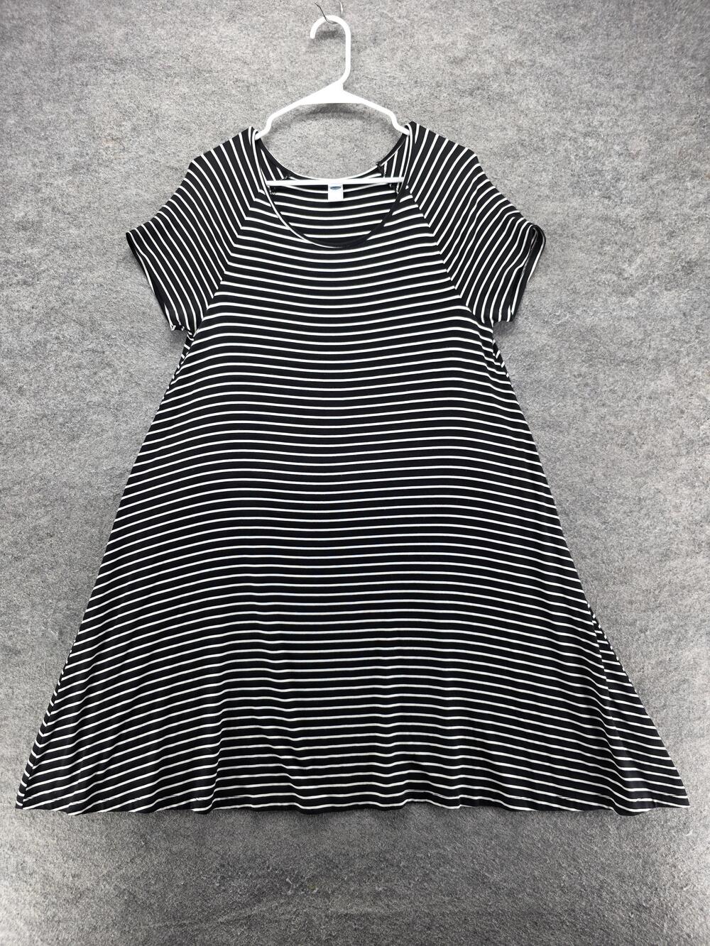 Old Navy Dress Womens L Black Trapeze & Swing Striped Knee Length Short Sleeve